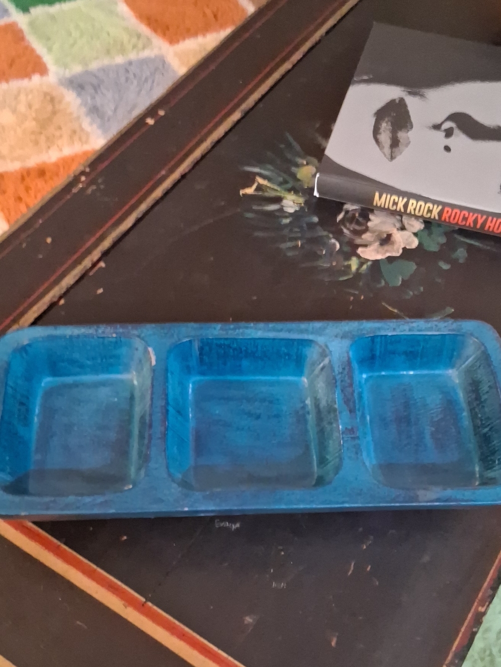 Blue Triple Compartment Wood Tray